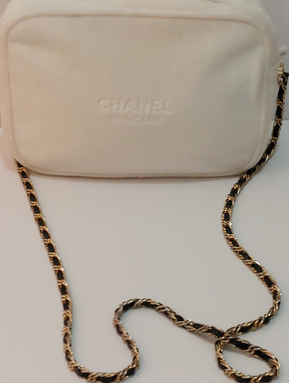 New Chanel White Crossbody Bag With Iconic Black-Gold Weaved Chain + Front Logo